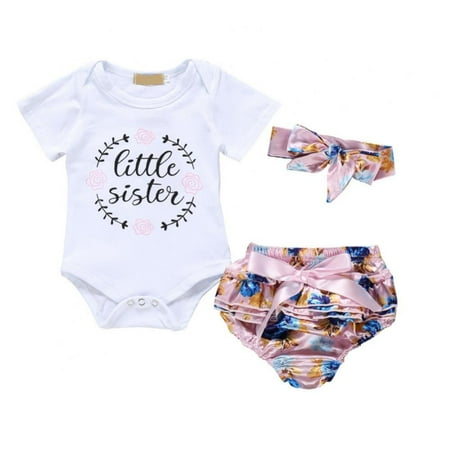 

3Pcs Baby Girl Short Sleeve Letters Romper Jumpsuit+Pant Shorts+Headband Bodysuit Outfit 0-12M