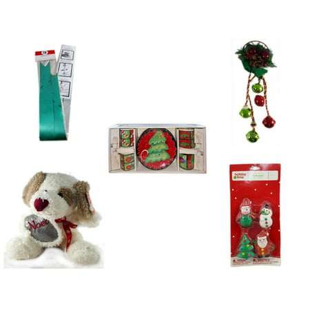 Christmas Fun Gift Bundle [5 Piece] - Myco's Best Pull Bows Set of 10 - Festive Holly Berry & Pinecone Door Knob Jingler -  Style Dessert Set 12 Piece - Cuddly Friends Noel Puppy  10