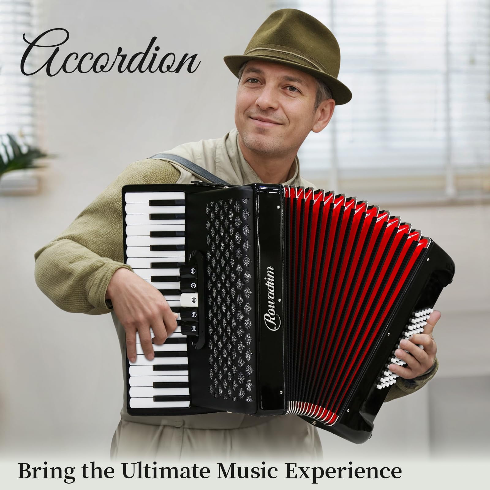 Rowadtim 34-Key Accordion, 60-Bass Accordion — Perfect for Beginners and Ideal Choice for Musicians and Teachers; with Carrying Case, Shoulder Strap, Gloves and  Cleaning Cloth (Black)