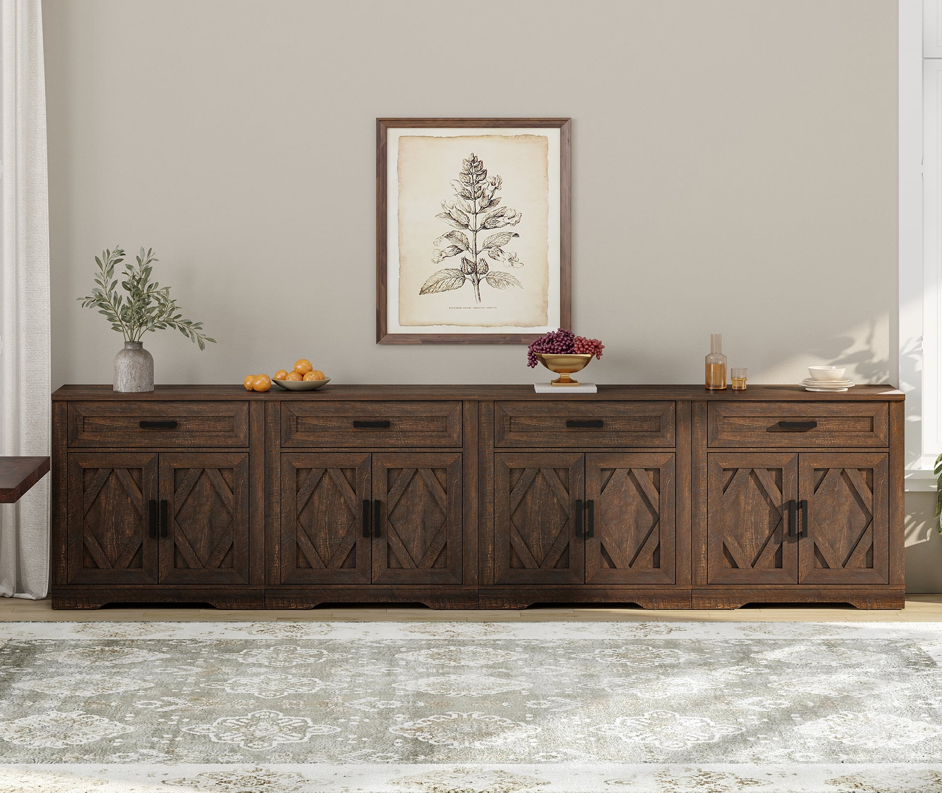 WAMPAT 126"W Large TV Stand,4-in-1 Farmhouse Entertainment Center with Storage Barn Door Cabinet,TV Console Table with Media Cabinet and Drawers for Living Room,Bedroom,Rustic Brown