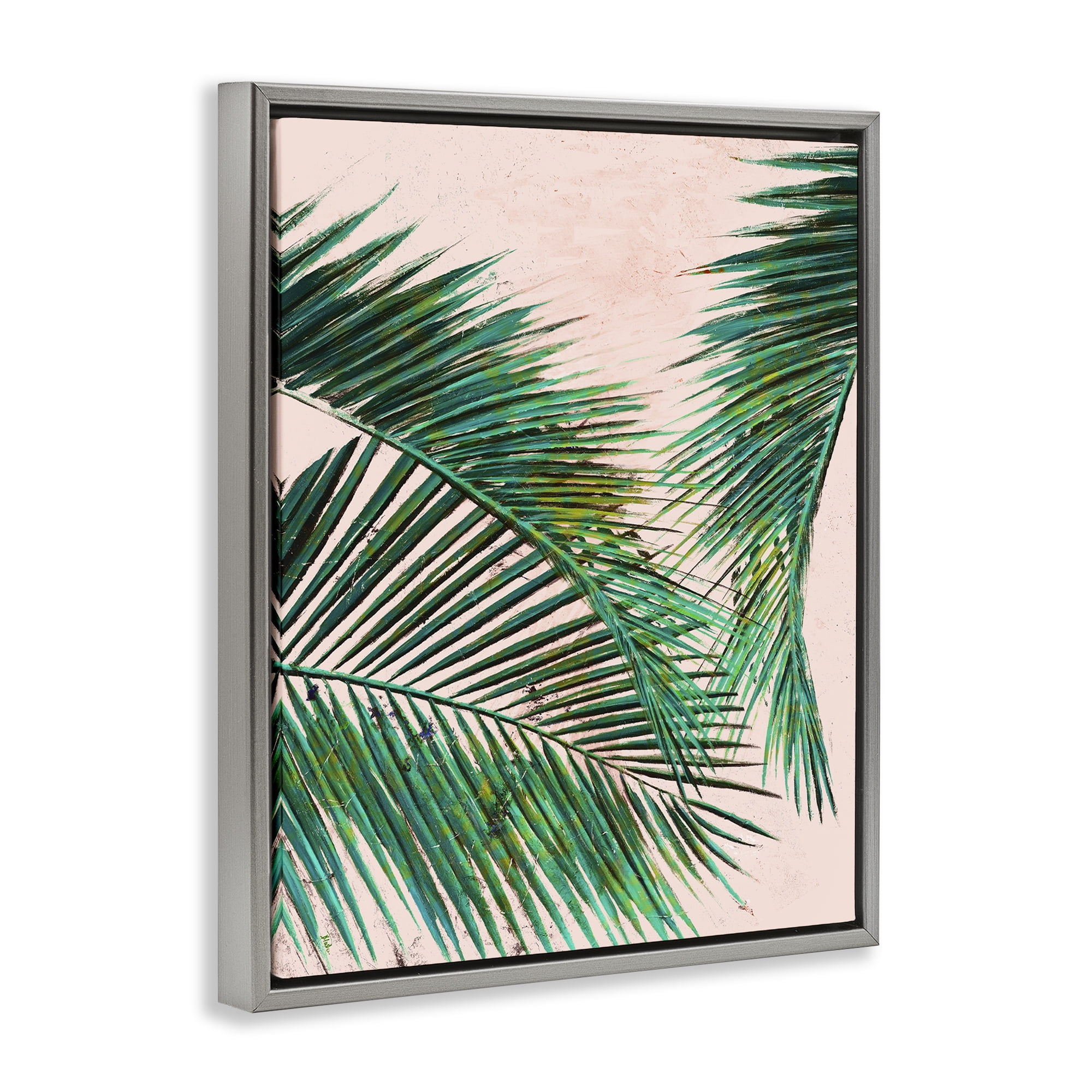 Stupell Industries Flowing Palms on Pink Botanical & Floral Painting Gray Floater Framed Canvas Art Print Wall Art, 17 x 21