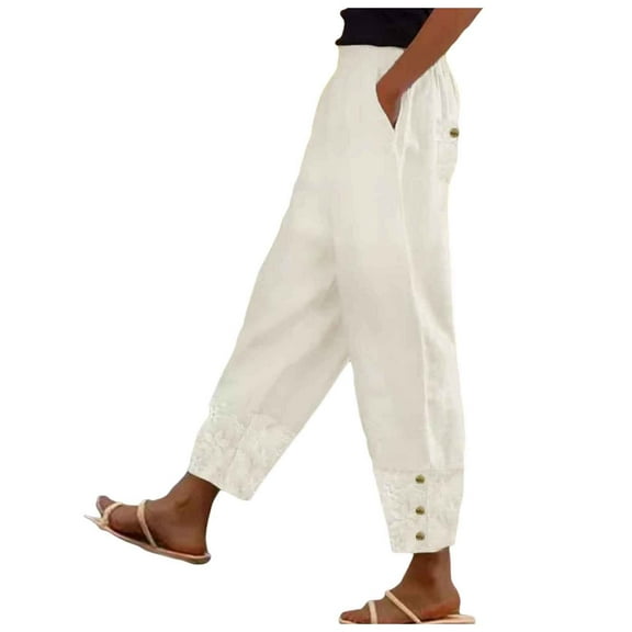 Summer Pants for Women Fashion Solid Nine Point Pants Casual Loose And Versatile Elastic Waist And Fall Jumpsuits for Women Formal Linen Suit Long Suit Casual Petite Wide Leg White 2XL