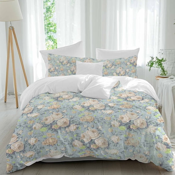 3 Piece Blue Flowers Duvet Cover Set Queen Size,Microfiber Comforter/Quilt Cover with Corner Ties and 2 Pillowcases,Romantic Farmhouse Botanical Floral Leaves All Season Bedding with Zipper Closure
