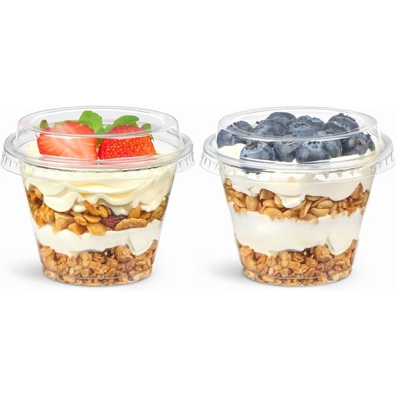100 Pack 6 oz Plastic Dessert Cups with Lids, Small Plastic Yogurt Parfait Cups, Mini Round Party Serving Cup for Pudding, Fruit, Cake, Appetizer, Dessert Shot Glasses