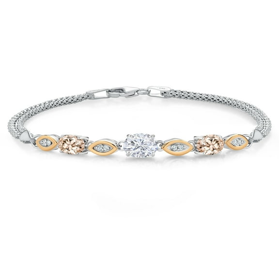 Gem Stone King 925 Silver and 10K Yellow Gold White Moissanite and Peach Morganite and White Lab Grown Diamond Bracelet for Women (1.96 Cttw, Gemstone, Oval, Wheat Chain, 6.5 inches)