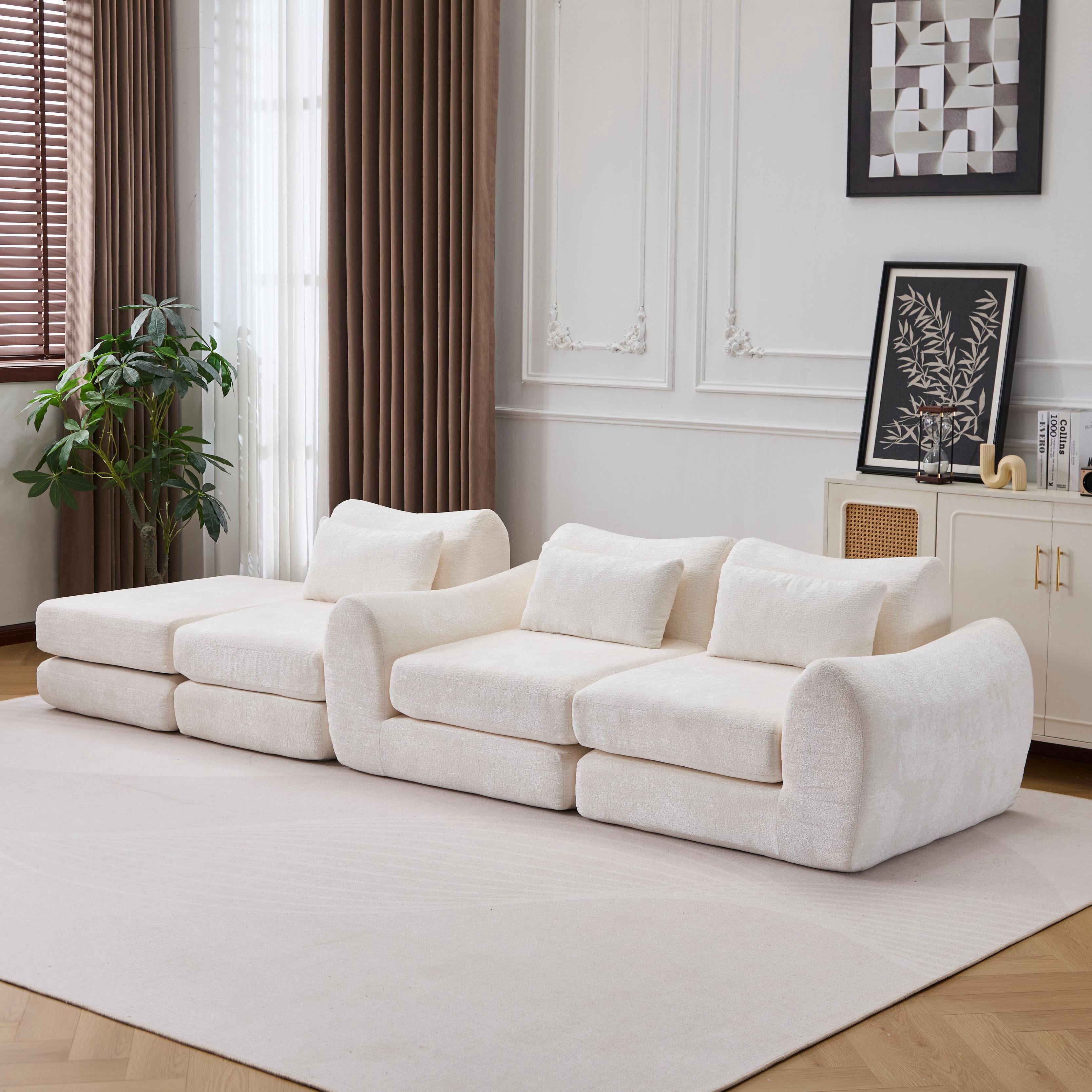 BSHTI Foldable Wave Star Modular Sofa, Chenille Fabric, 4-in-1 Modern Couch for Living Room, Modular Sectional Sofa with Chaise, Free Combination 3 Seater Sofa, White