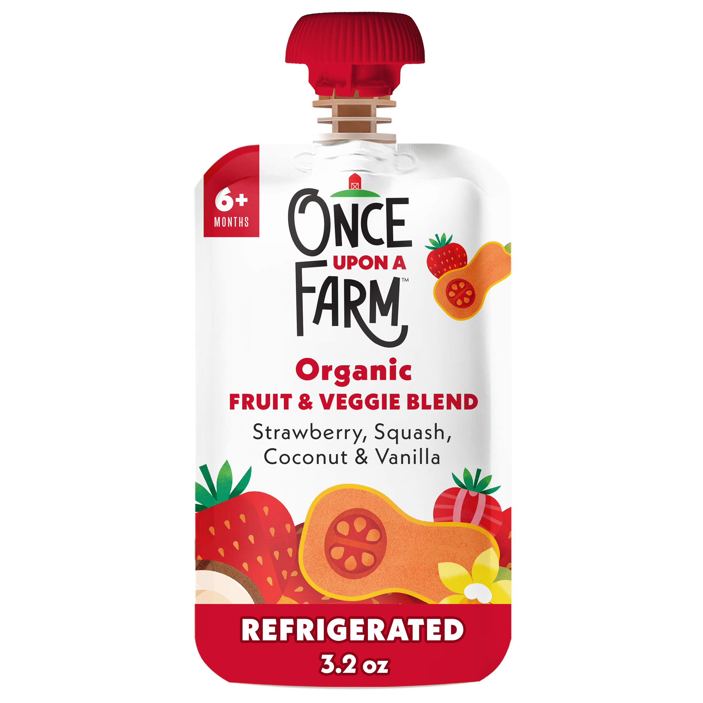 (3 pack) Once Upon a Farm Organic Refrigerated Baby Food Fruit & Veggie Blend Strawberry, Squash, Coconut & Vanilla, 3.2oz Pouch