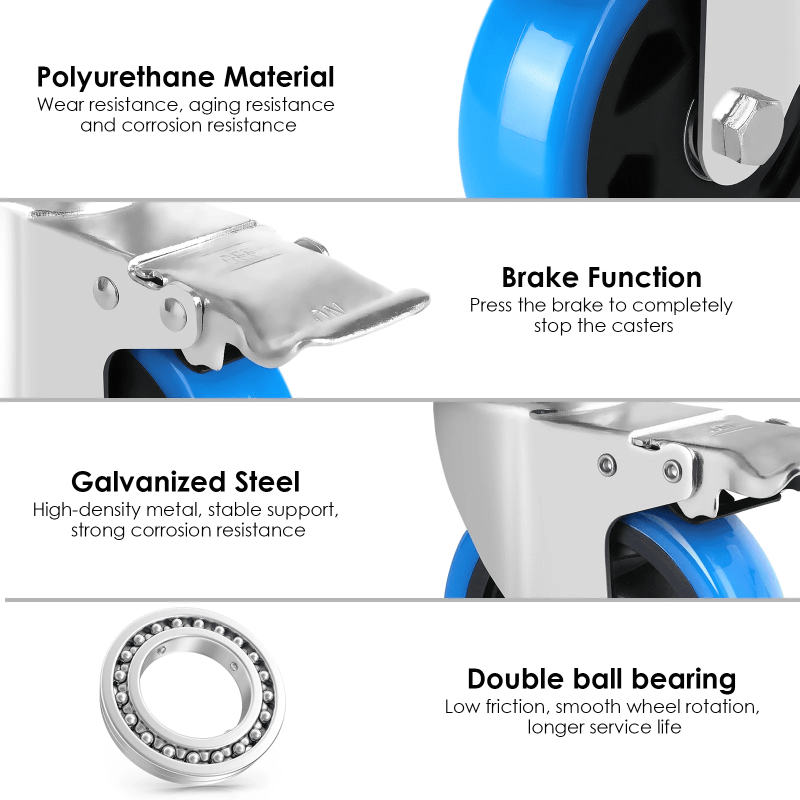 TLGREEN 4pc 4 inch 360° Swivel Caster Wheels with Brakes, 1322lbs Capacity, Polyurethane, for Office Chair & Industrial Use