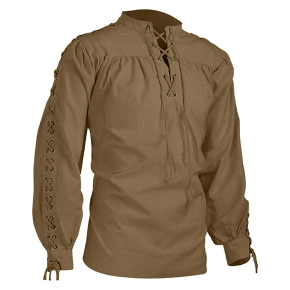 Ploknplq Men's Leisure Pirate Shirt Medieval Renaissance Relaxed Fit Hip Length Poet Collar Long Sleeve Lacing Khaki S
