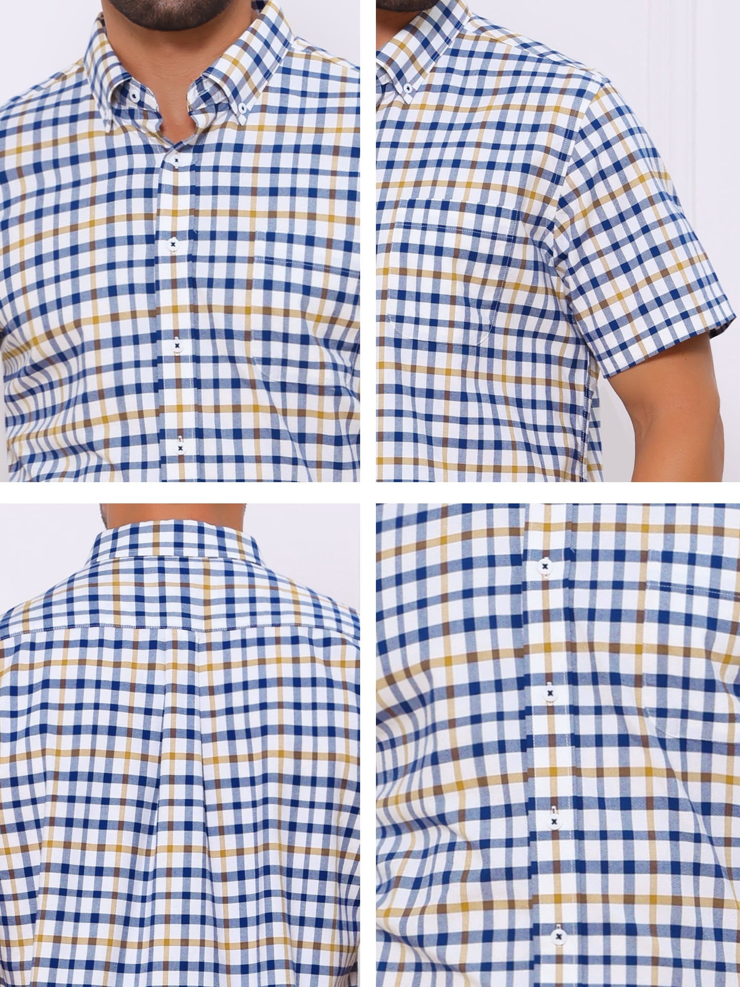 DARING DIVA Men's Point Collar Short Sleeve Button Business Plaid Shirts XL Blue Yellow