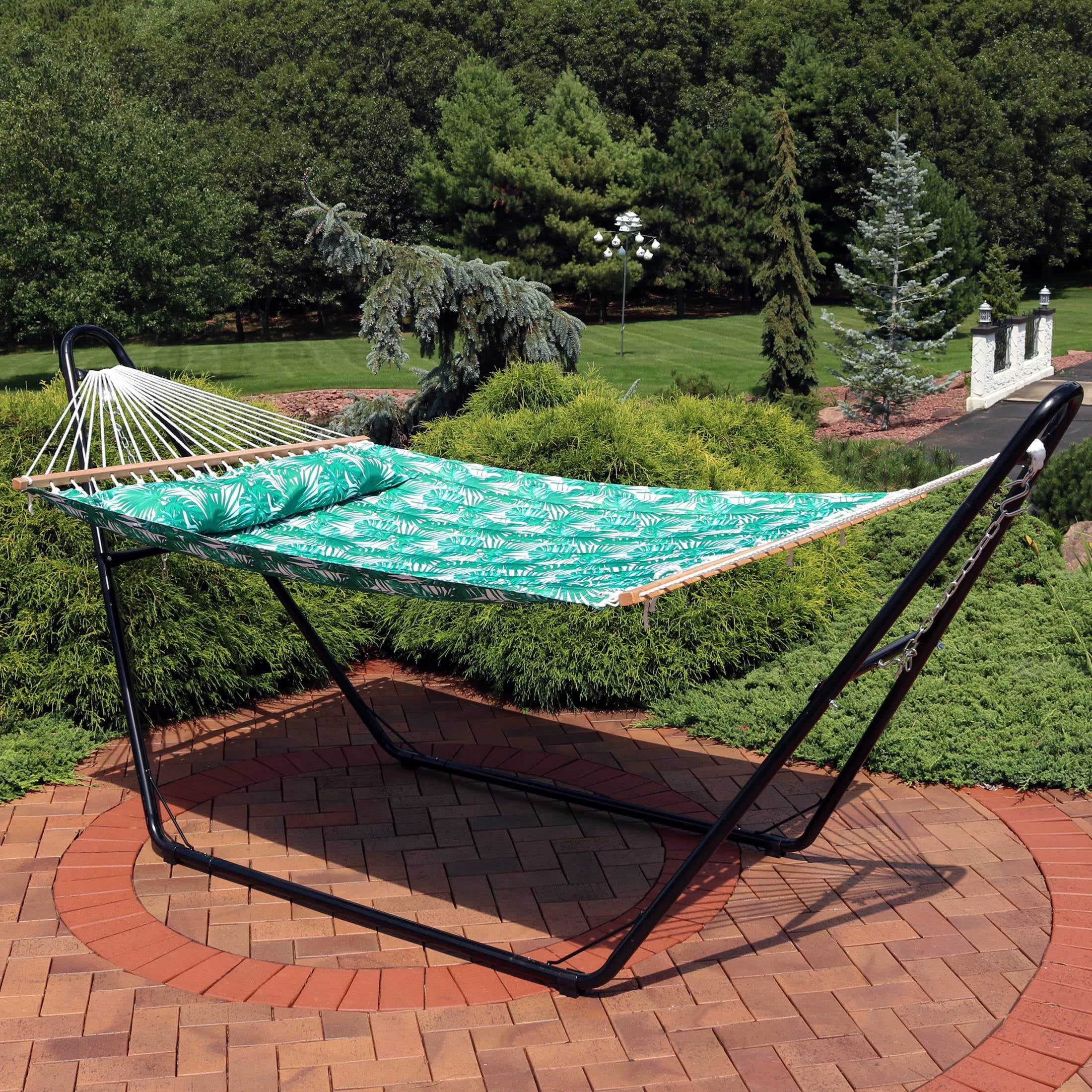 Sunnydaze 2-Person Quilted Polyester Spreader Bar Hammock, 450 lb - Green Palm Leaves