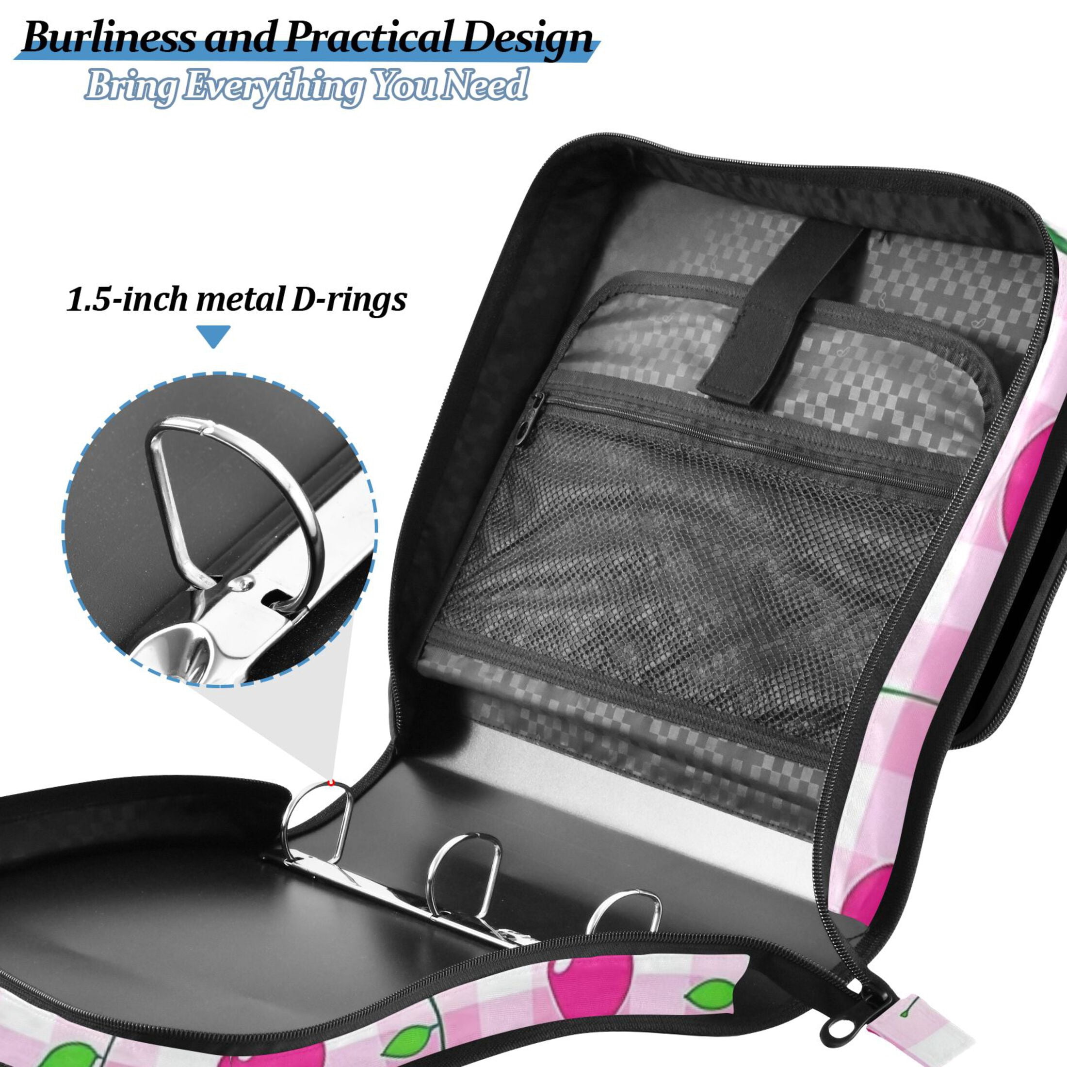 3 Ring Zipper Binder with Shoulder Strap Waterproof Trapper Keeper 2 Inch D-Ring 500 Sheets Capacity Cherry on Gingham