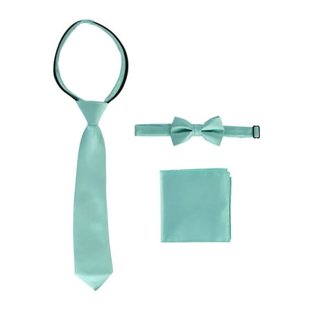 Bow Tie Pocket - Gioberti Boys Mint Solid Zipper Necktie Bow Tie Pocket Square 3 Pc Set