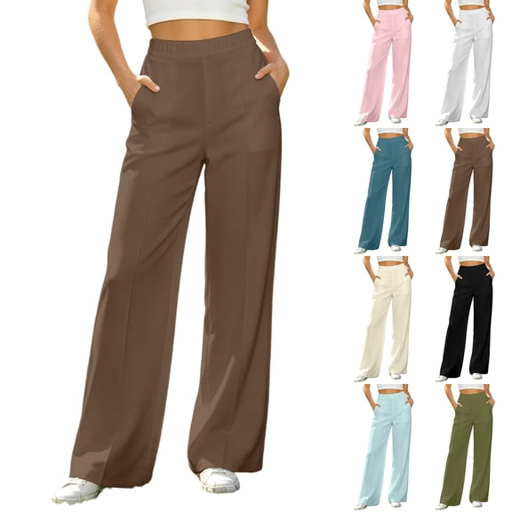 Inverlee Women's High Waist Wide Leg Pants Elastic Waist with Front Seam Casual Solid Color Work Trousers with Pockets White S