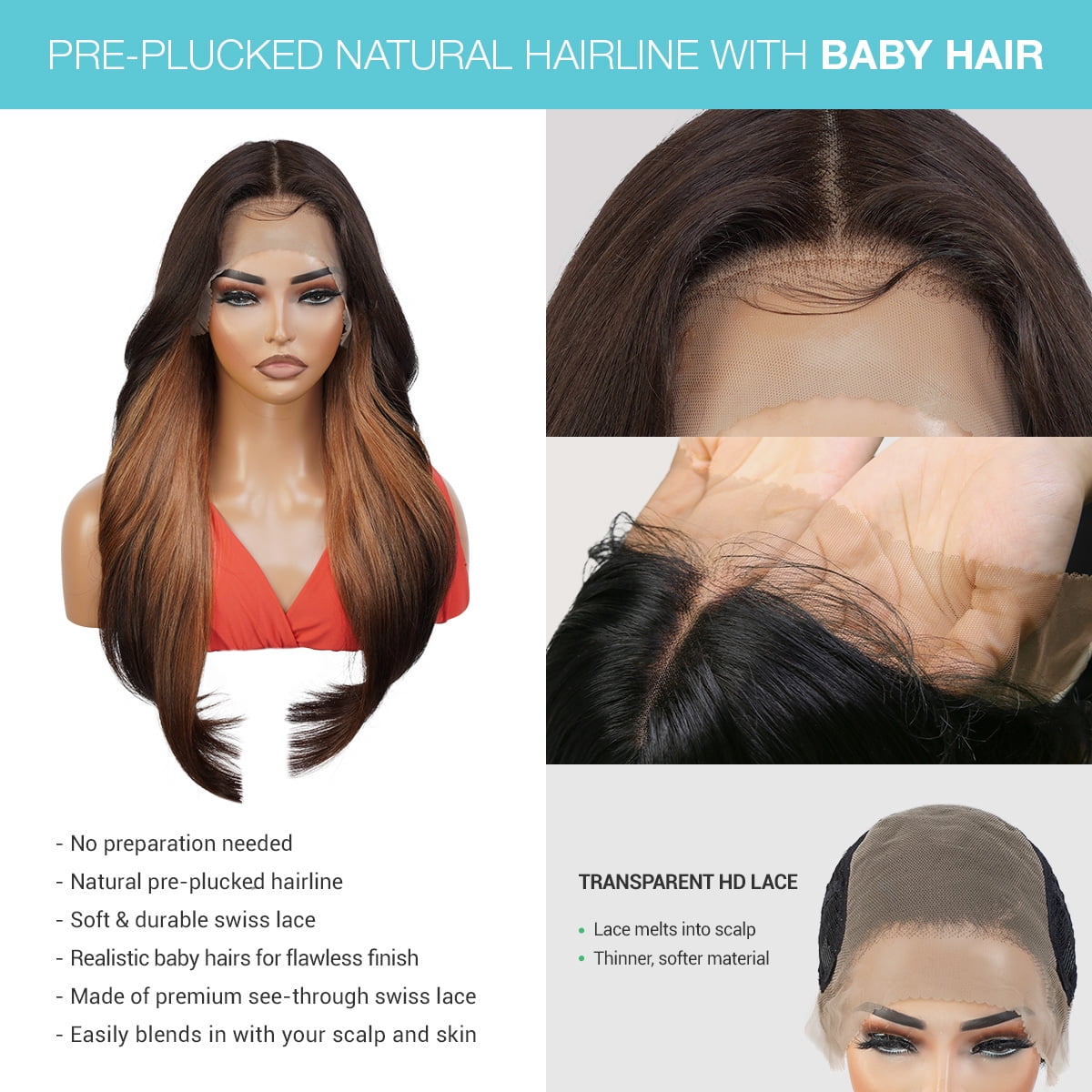 GLAM21USA HD LACE Front Wig 13X6 Deep Transparent Lace Frontal Wigs 28 Inch Human Hair Blend Pre Plucked Swiss Lace Long Heat Friendly Synthetic Wig - Tastee (BALAYAGE/CHOCOLATE)