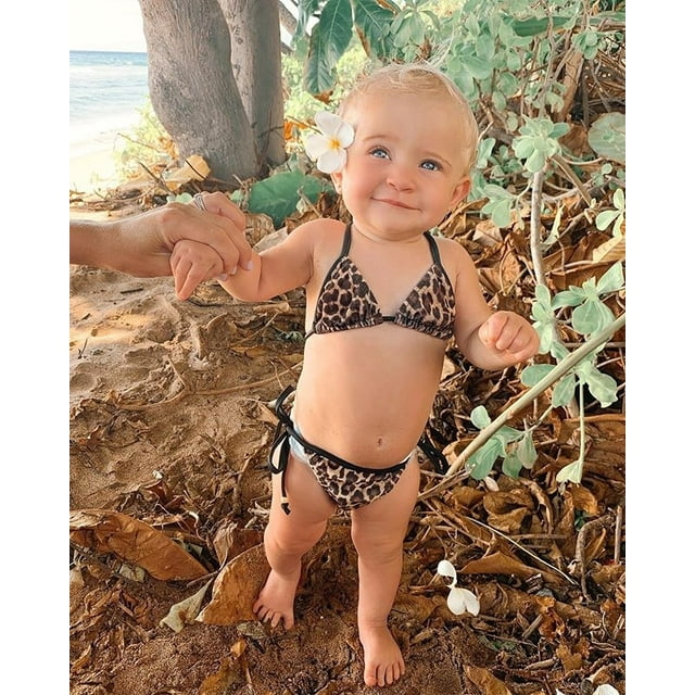 2Pcs Set Toddler Baby Girl Swimsuit Leopard Ruffle Halter Swimwear Bikini Tankini Sunsuit