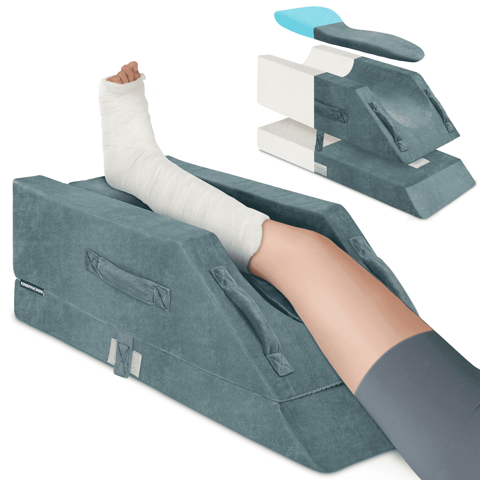 KingPavonini 4-Height Adjustable Leg Elevation Pillows for After Surgery with Ergonomic Curve, Memory Foam Wedge Pillow for Legs Swelling, Knee Replacement Recovery Aids (Single Leg)