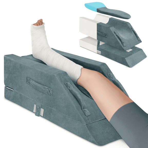 KingPavonini 4-Height Adjustable Leg Elevation Pillows for After Surgery with Ergonomic Curve, Memory Foam Wedge Pillow for Legs Swelling, Knee Replacement Recovery Aids (Single Leg)