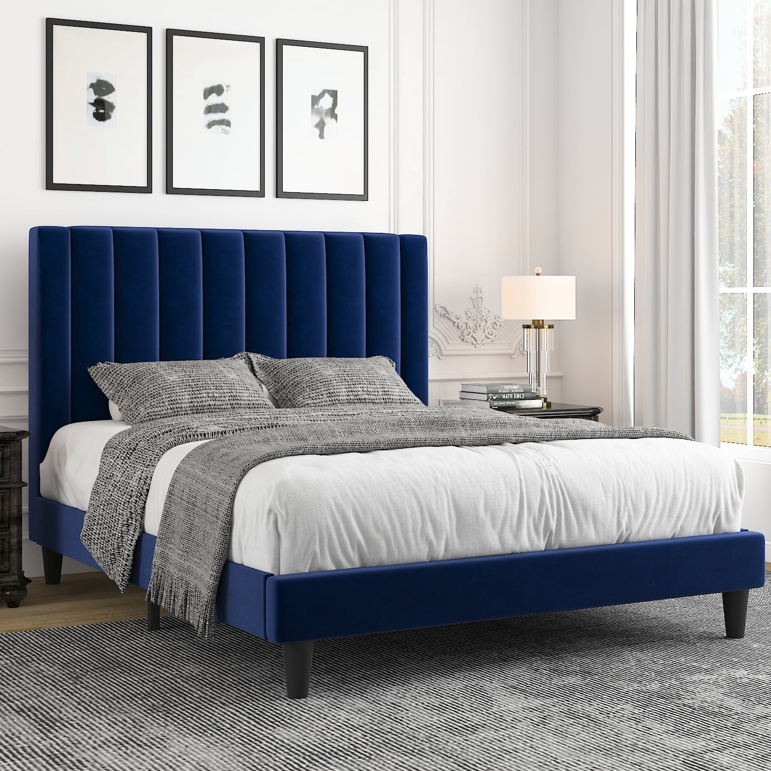 Allewie Queen Velvet Upholstered Bed Frame with Vertical Channel Tufted Headboard, Navy Blue