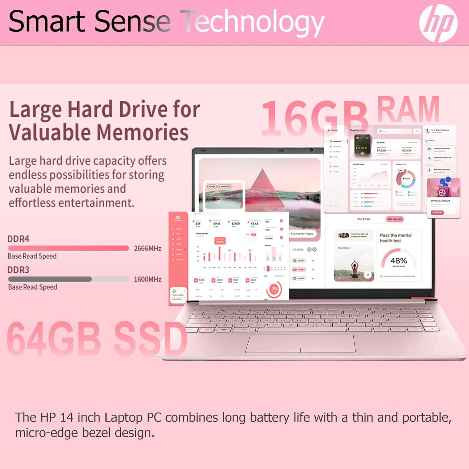 HP Ultralight 14 inch Laptop with Intel 4-Core Processor • with Microsoft 365 and Wireless Earbuds • 8GB RAM • 128GB SSD& 128GB Onboard & 1TB Cloud Storage • HD Display • Pink • Windows 11