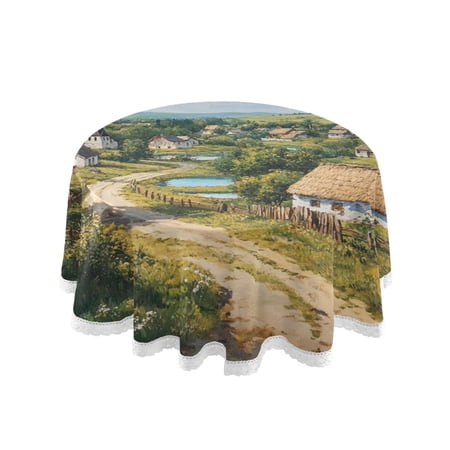 Round Single Sided Printed Tablecloth 60 Inch Polyester Round Table Cover with White Lace Trim Wrinkle Resistant Decorative Table Cloth for Home Rural Beauty