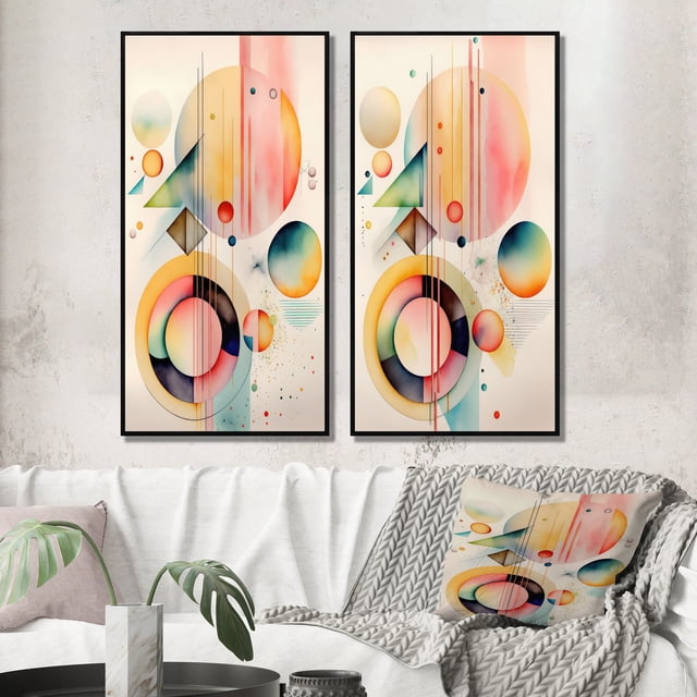 Designart "Minimalist Multi-Shape Art in Pastel II" Abstract Minimalism Framed Wall Art Set Of 2 - Pink Geometric Framed Canvas Set For Living Room Decor