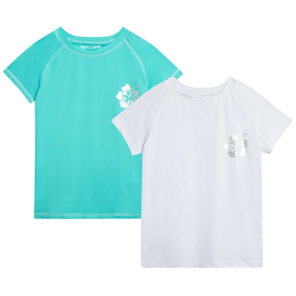 Real Love Girls' Rash Guard Shirt - 2 Pack Quick Dry Short Sleeve Swim Shirts (Sizes: 2T-16)