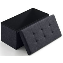 Ornavo Home Foldable Tufted Linen Large Storage Ottoman Bench Foot Rest Stool/Seat - 15" x 30" x 15"- Black