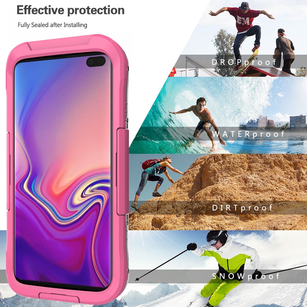 Waterproof Fully Sealed Hard Case For Samsung Galaxy S10 Plus With Plastic Screen Protector Cover For Swimming, Beach, Camping, Vacation Outdoor Use (Pink)