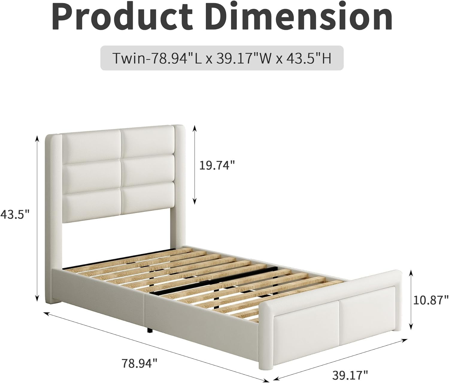4 EVER WINNER Twin Bed Frame with LED Light, Modern Upholstered Platform Bed Frame Headboard and Footboard, White Twin Size Bed Frame, White