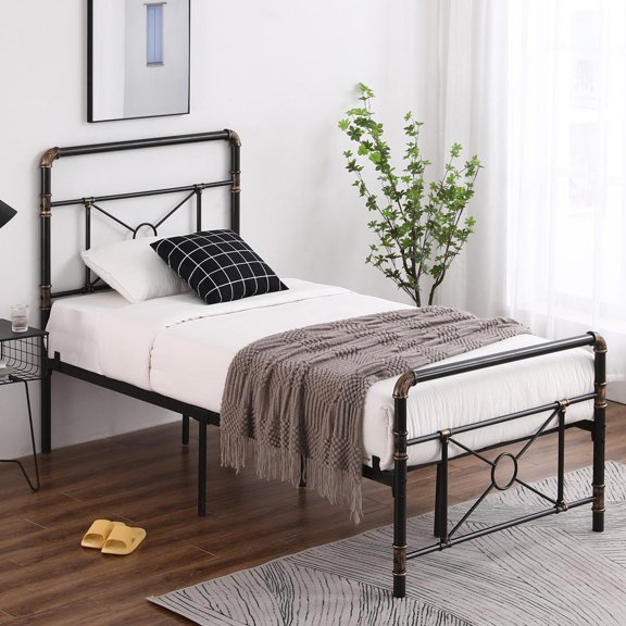IVV Twin Size Metal Platform Bed, Industrial Style Iron Pipe Bed Frame with Headboard and Footboard, Black
