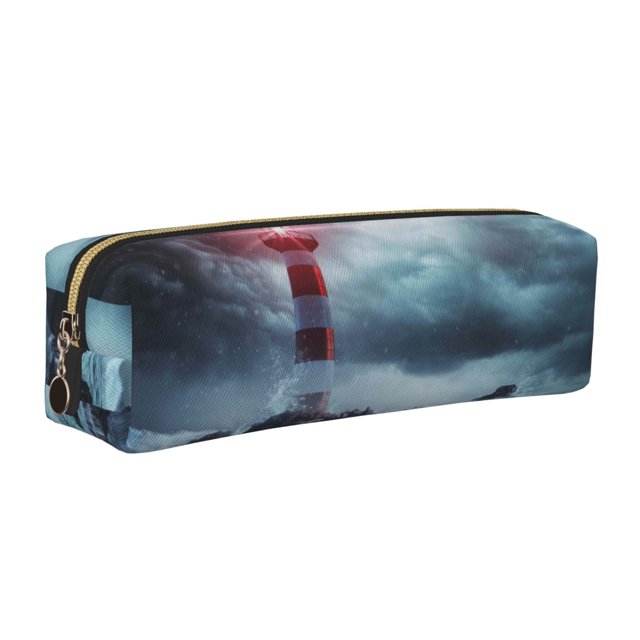 Fotbe Lighthouse in a Stormy Sea Estuche para Lápices de Cuero con Estampado, Estuche con Cremallera Resistente, Organizador Compacto y Elegante para Papelería