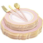 30Guest Pink Plastic Plates & Gold Plastic Silverware With Pink Handle-Baroque Pink &Gold Plastic Dinnerware for Upscale Wedding &Parties, Mother's Day