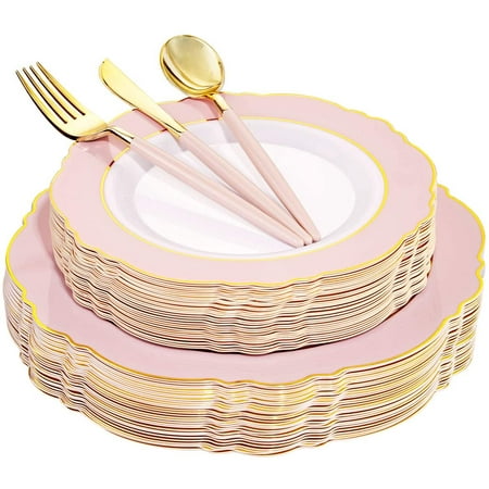 30Guest Pink Plastic Plates & Gold Plastic Silverware With Pink Handle-Baroque Pink &Gold Plastic Dinnerware for Upscale Wedding &Parties, Mother's Day