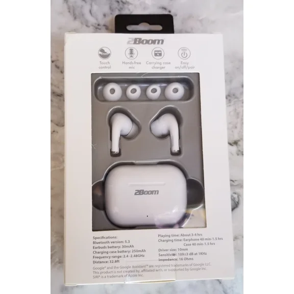 ELARA- 2Boom - Vive Air - White Bluetooth Wireless Ear Buds W. Charger/Carrying Case