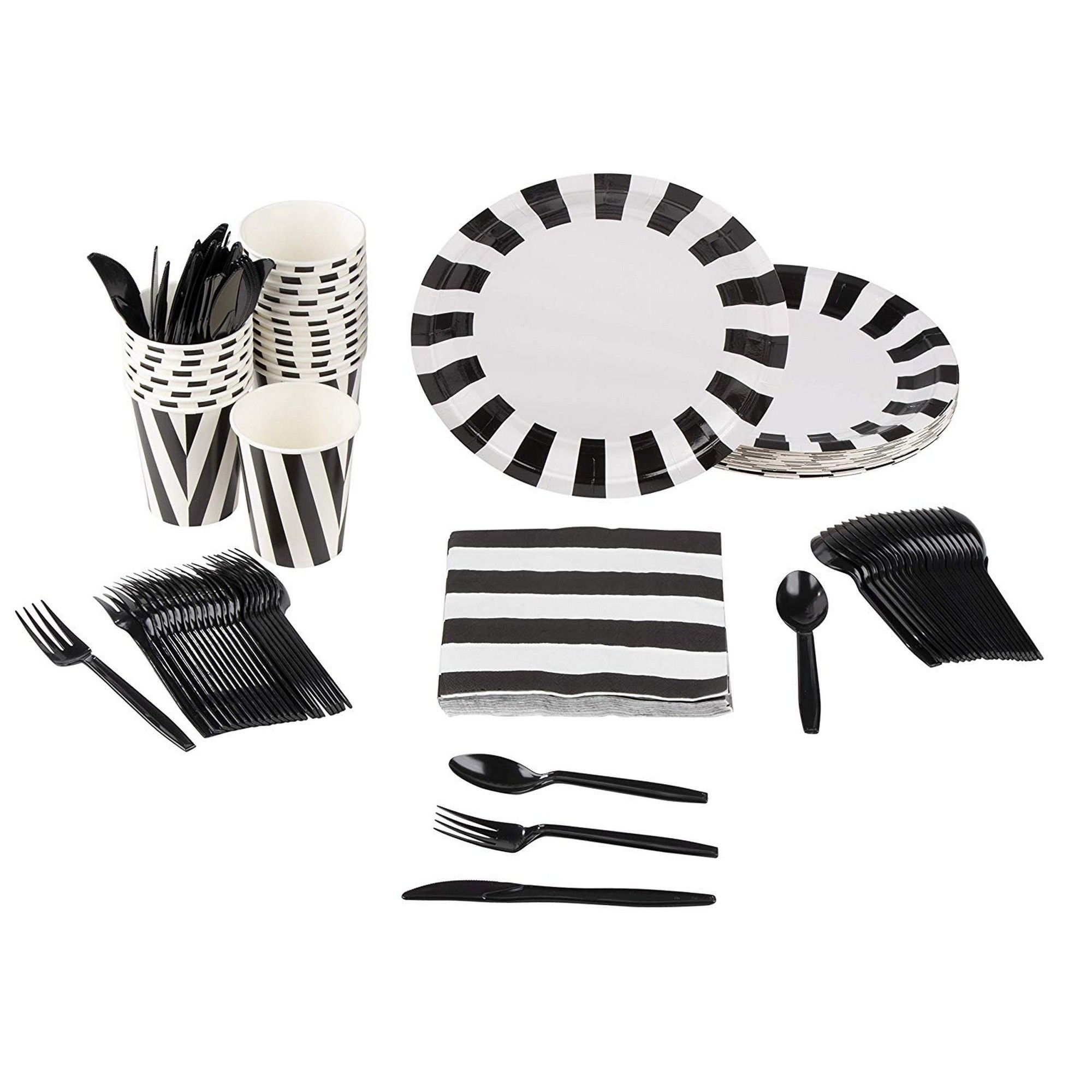Serves 24 Black and White Striped Party Supplies & Decorations for Birthday & Halloween with Paper Plates, Napkins, Cups