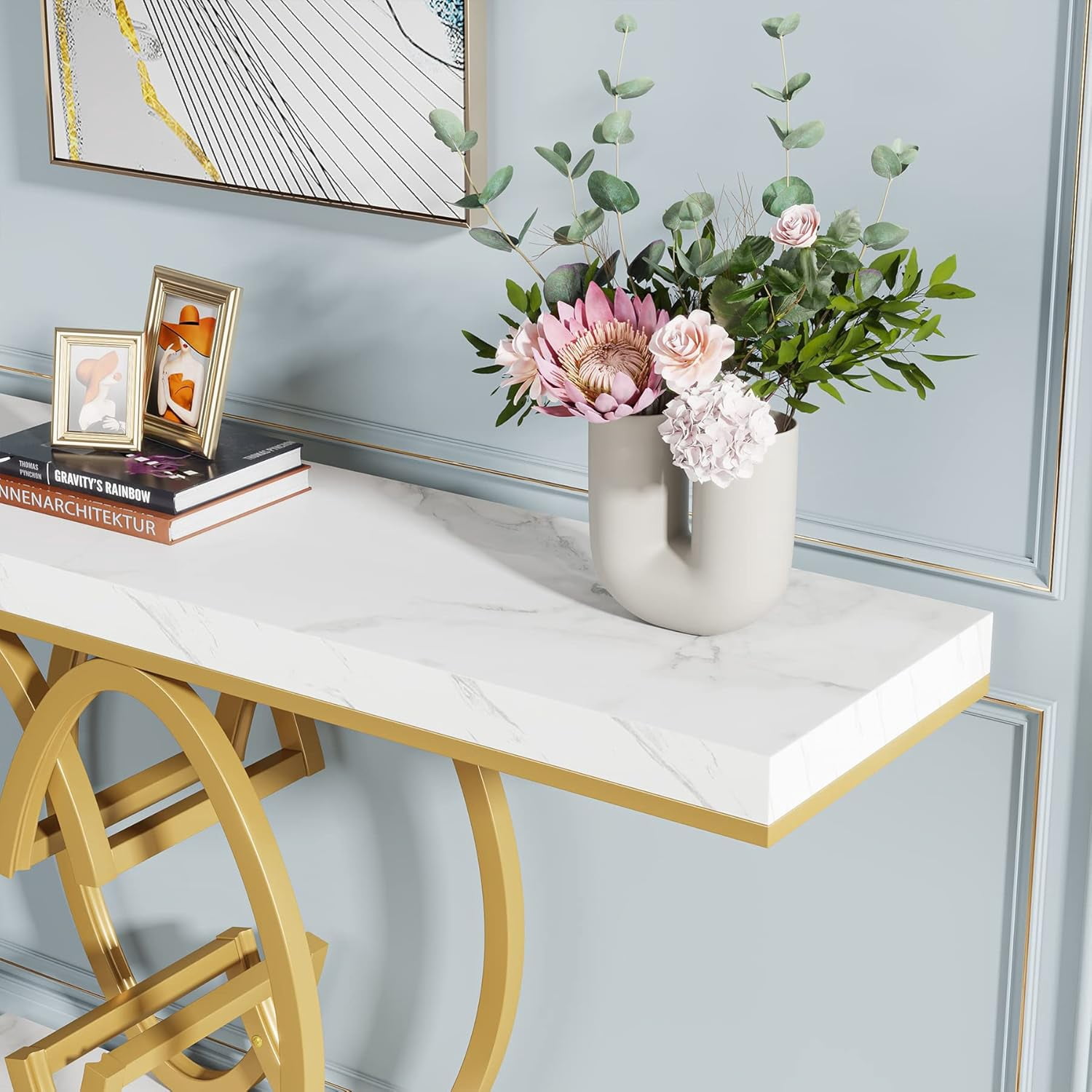 Tribesigns Modern Faux Marble Console Tables, 55.12" Narrow sofa Entryway Tables with Metal Base for Living Room, Hallway and Foyer,White & Gold