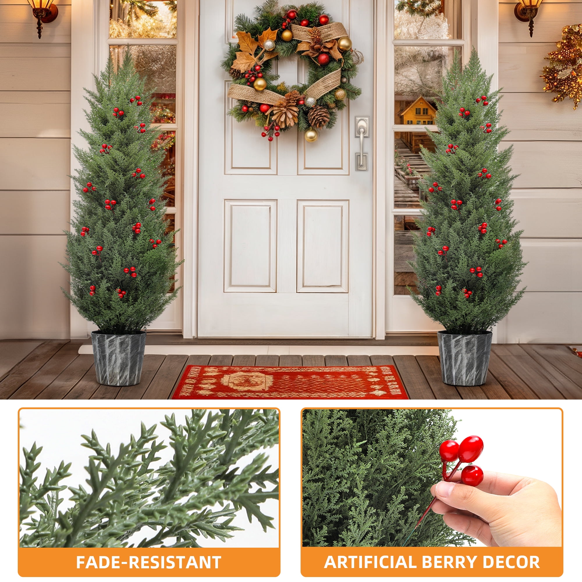 Uforic 4FT Artificial Cedar Topiary Tree ,Outdoor UV Resistant Artificial Cedar Tree Potted Plants with red Berries,for Home, Porch, Office Decor,2 Pcs