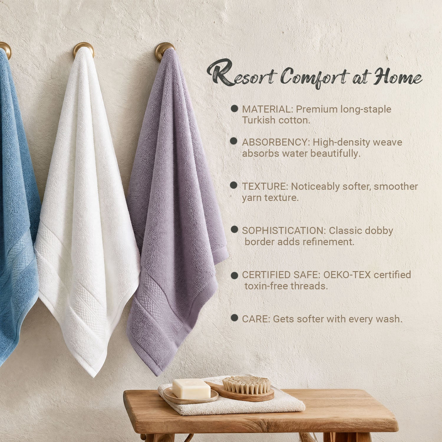 Superior Aria Turkish Cotton 6-Piece Towel Set, Ultra Soft Heavyweight Towels, Hazelnut
