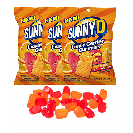 Sunny D Liquid Center Gummies Orange & Strawberry Flavors 3 Pack of 3.6 oz Peg