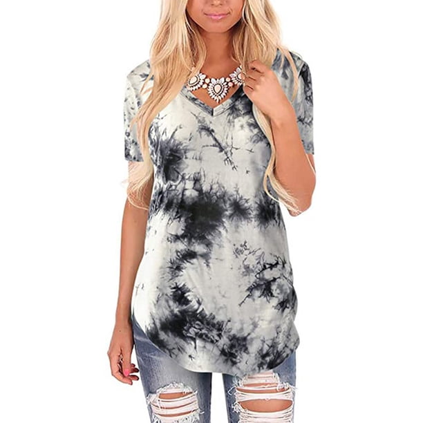 Minnieouse Camiseta de mujer con cuello en V y manga corta, camiseta teñida con corbata, blusa informal de verano en V Prendas para la parte del cuerpo Gris 3XL Minnieouse AP003160-06