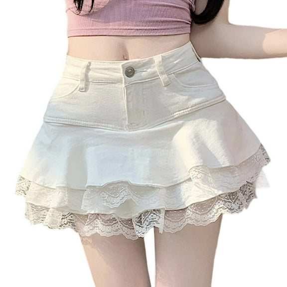 Women's Elastic Denim Pleated Skirt, High Waisted A-Line Jean Short with Pockets, Comfortable Casual for Everyday Wear, Home, Leisure Activities