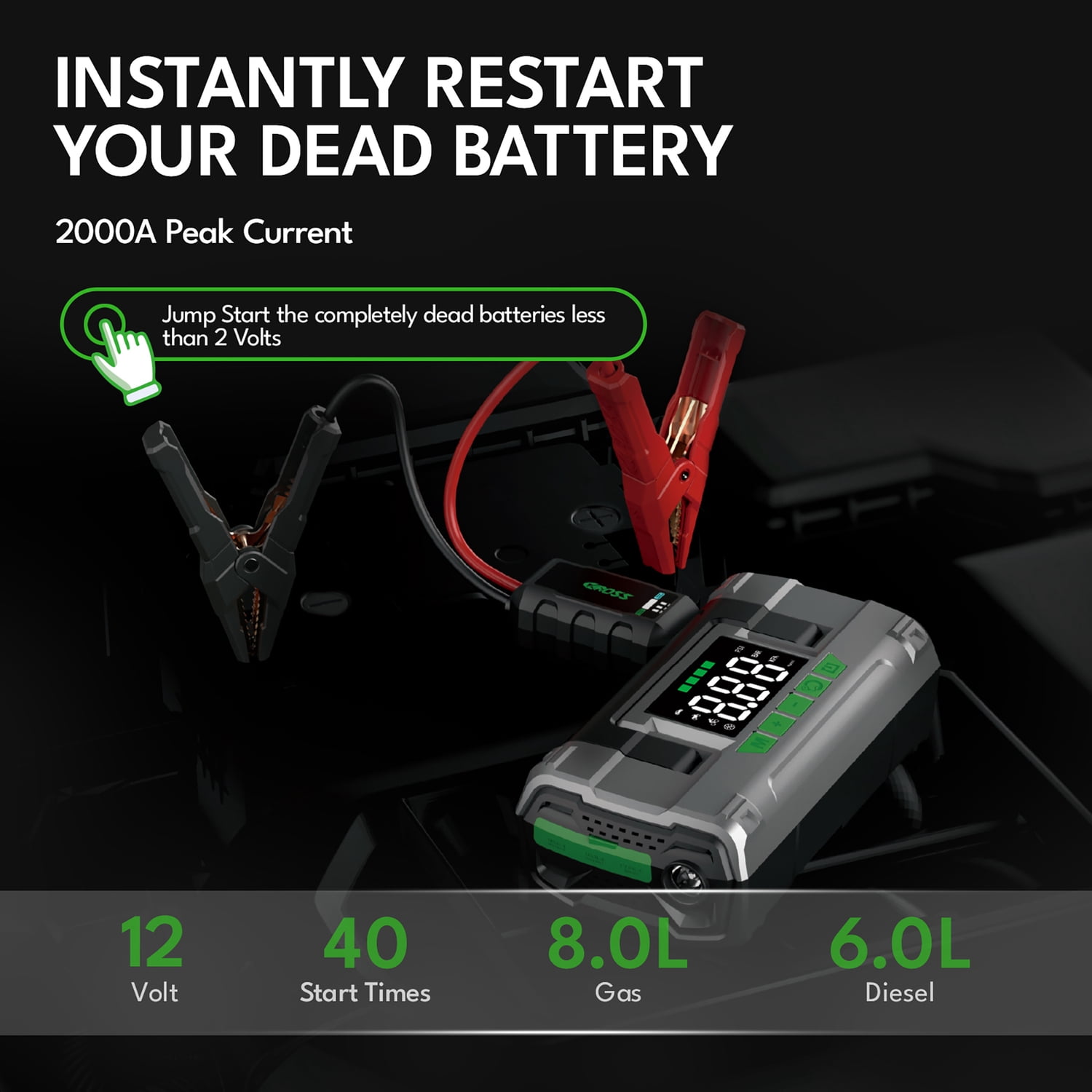 CAROSS T14 Max Portable Car Jump Starter with 150-PSI Air Compressor and USB Power Bank with 2,000-Amp Peak, Heavy-Duty Clamps, and QC Fast Charger