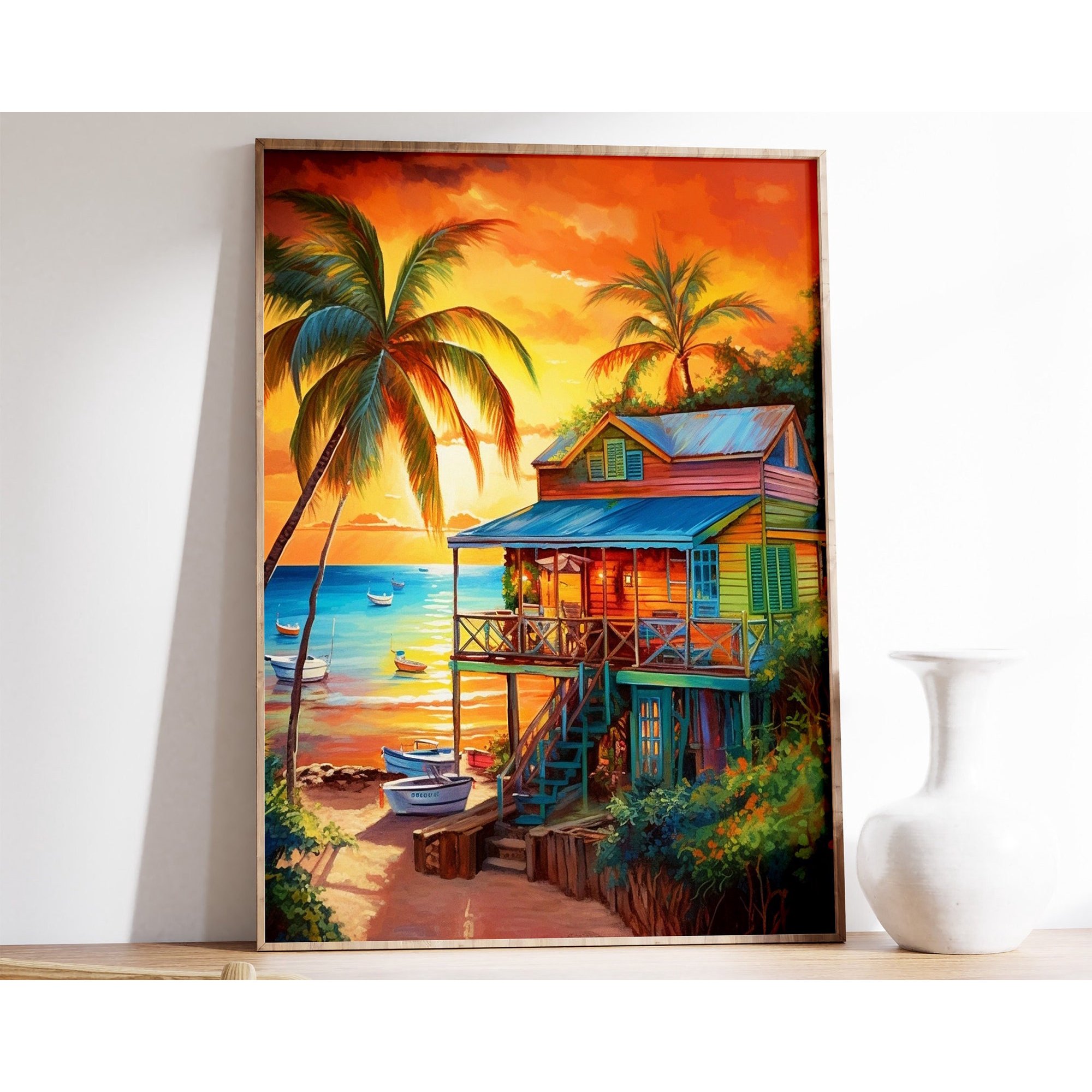 Caribbean Beach House Art Print Tropical Seascape Poster