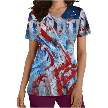 

JGGSPWM Women s Scrub Tops V Neck Short Sleeve Tees Independence Day Blouse Workwear Professionals T-shirts Nursing Uniform Patriotic Light Blue XL