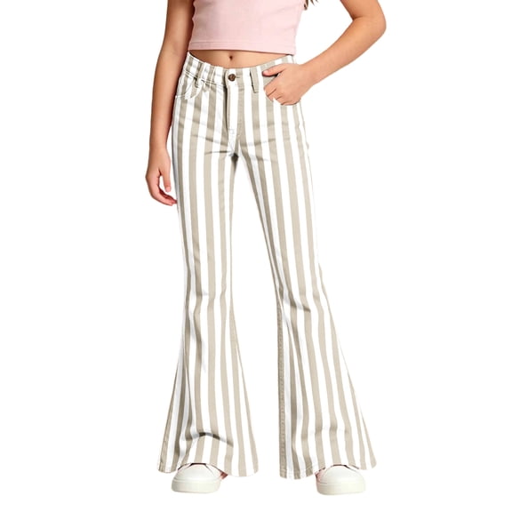 Girls School Uniform Pants Slim High Waist Pocket Elastic Waistband Striped Print Flared Trousers Back To School Girls Pants Size 5-6 Years