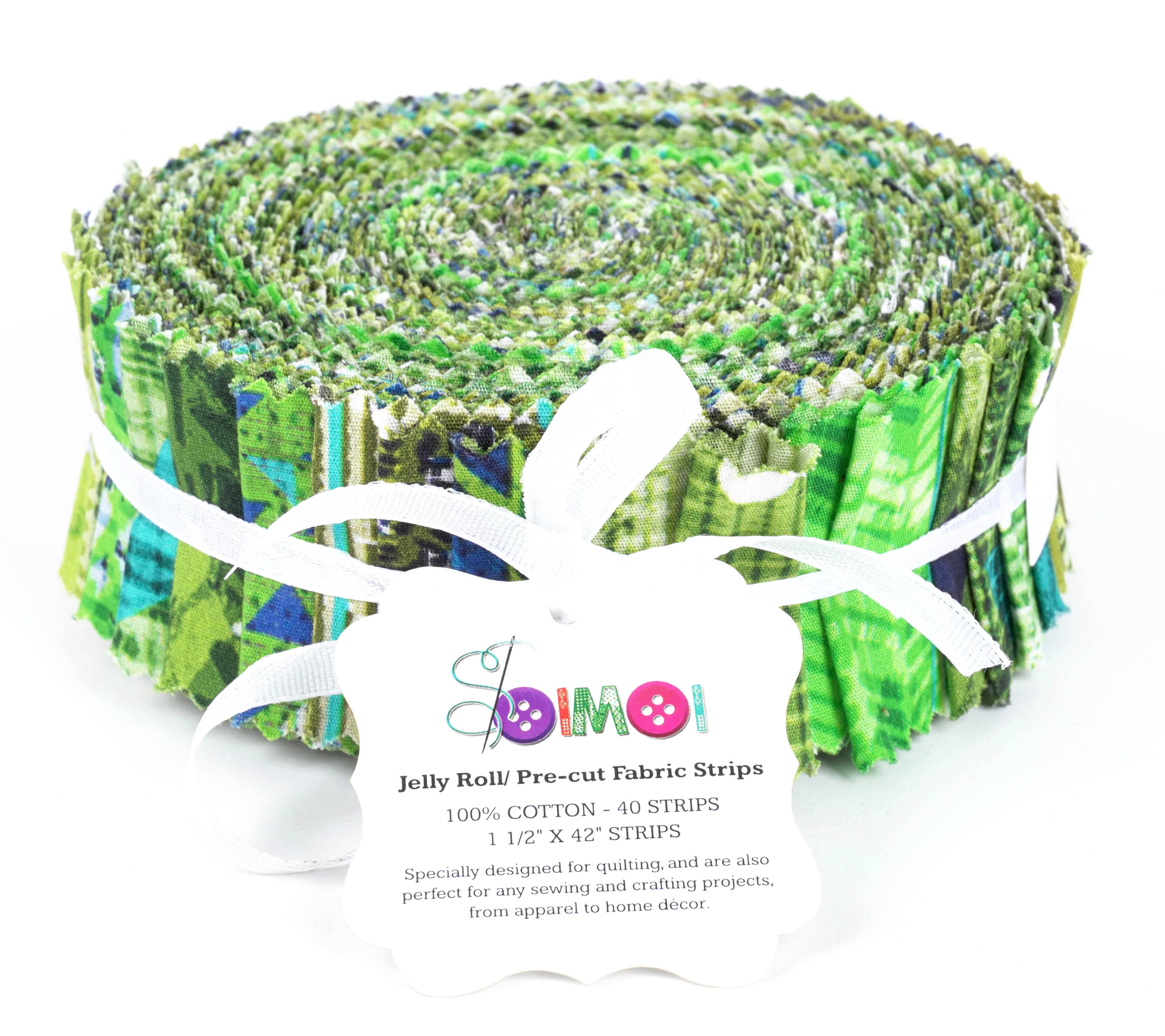 Soimoi 40Pcs Geometric & Texture Print Precut Fabrics Strips Roll Up 1.5x42inches Cotton Jelly Rolls For Quilting - Green