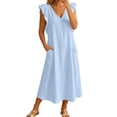 thumbnail image 4 of ZHOGXU Women's Dresses Summer Flying Sleeve V Neck Solid Color Comfortable Flowy Swing Dress With Pockets For Casual Daily Wear,Light Blue,Xxl, 4 of 6
