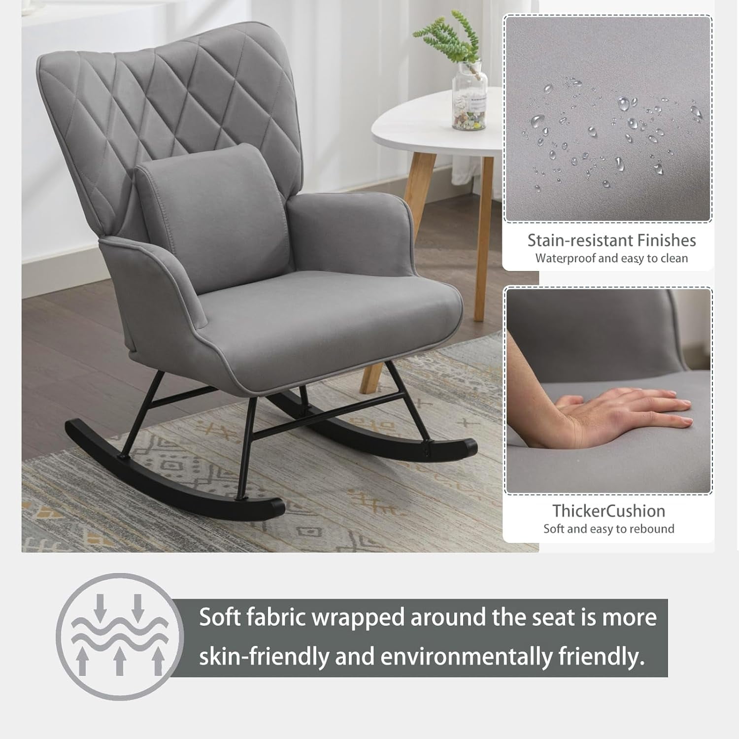 AIWOEN Modern Upholstered Rocking Chair with Ottoman – High Back Glider for Nursery, Living Room, or Bedroom – Comfortable Armchair with Lumbar Support & Sturdy Wood Rockers (Grey Fabric)