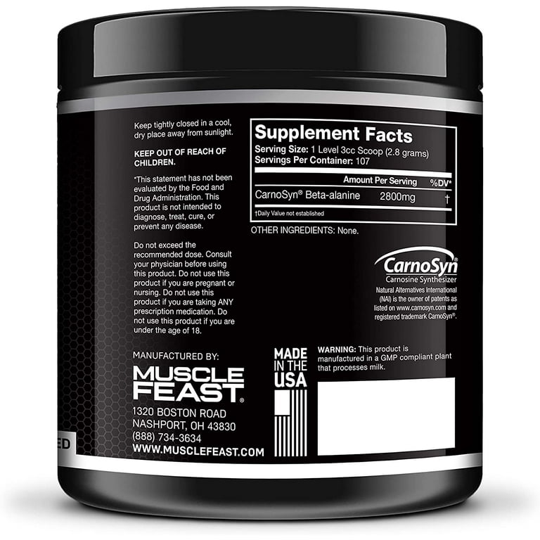 MUSCLE FEAST Beta Alanine Powder, Pure CarnoSyn, Unflavored, Keto, Increase Athletic Endurance & Recovery, Gluten Free, Non-GMO, 107 Servings